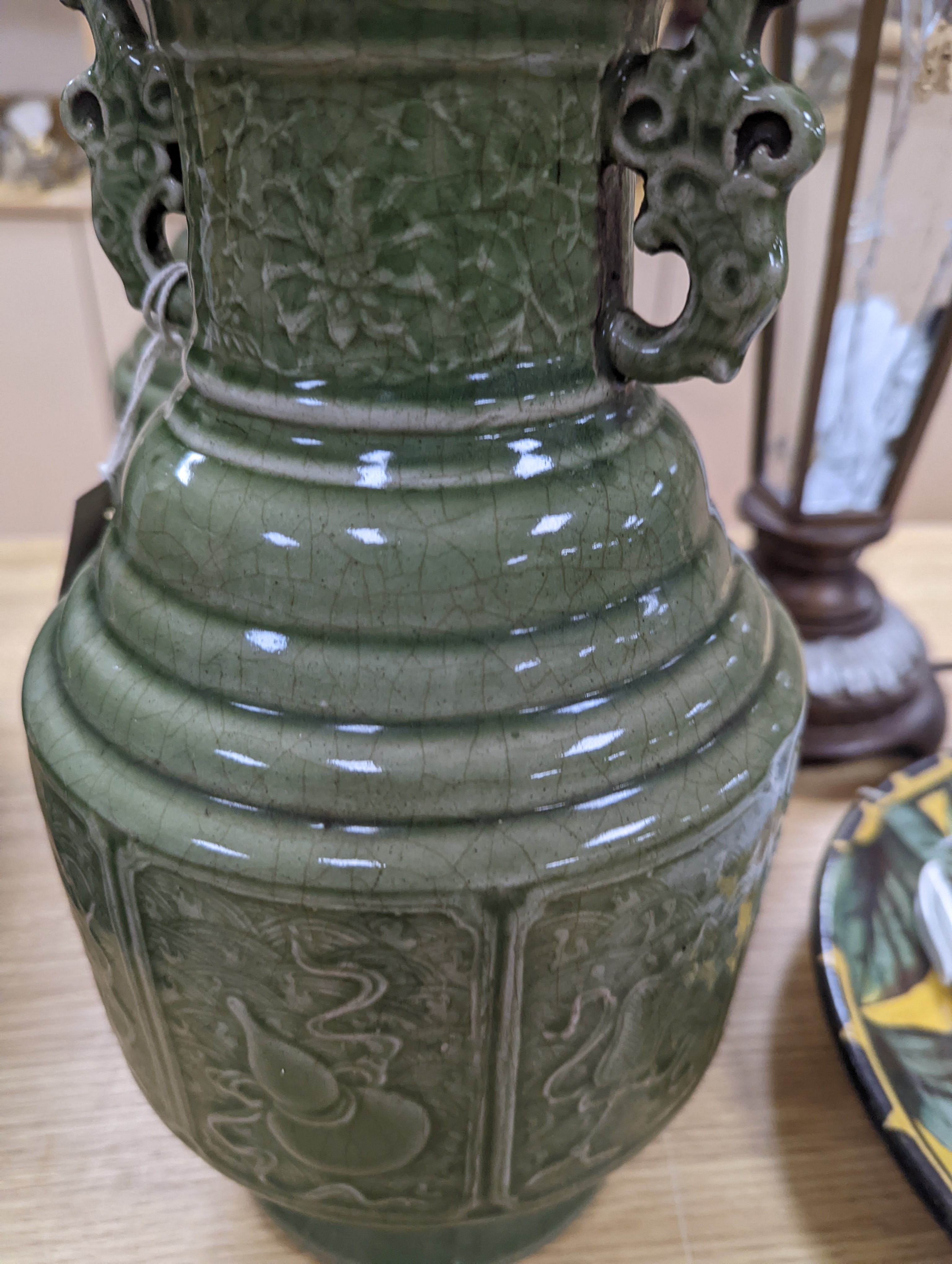A pair of Chinese celadon glazed vases 35cm